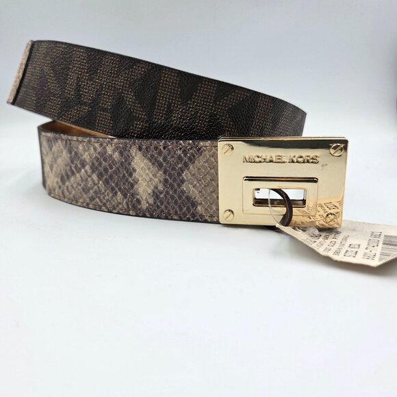 Michael Kors Belt Womens Medium Brown MK Logo Python Print Adjustable Slide NEW - Picture 1 of 10